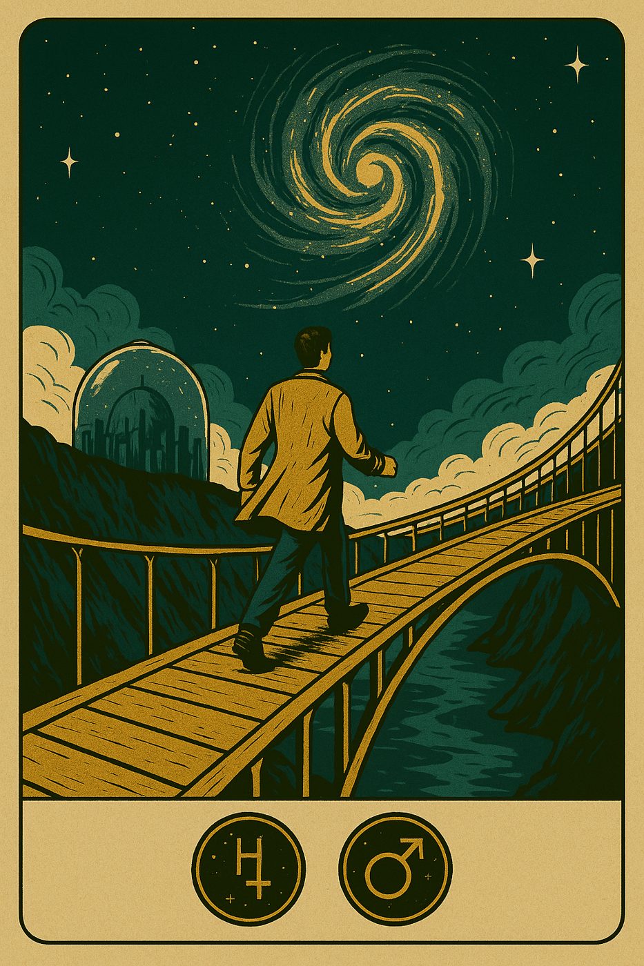 Illustration: Nefino crossing a bridge